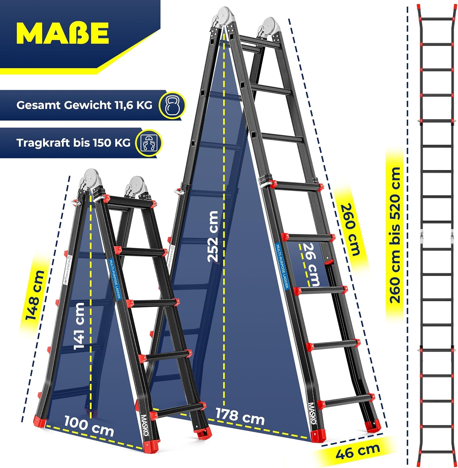 Mehrzweckleiter Aluminium 6in1 19458_mfn 20 Sprossen 150 kg Tragfähigkeit ausziehbar bis 520 cm klappbar rutschfest Gelenkleiter