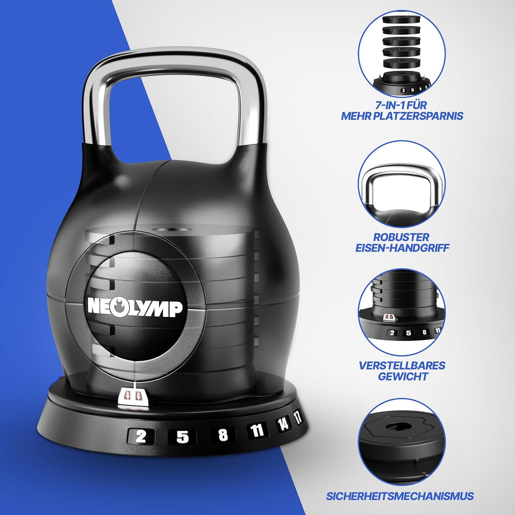 Verstellbare Kettlebell 7-in-1 2-20 kg Kugelhantel für Ganzkörpertraining mit robustem Edelstahlgriff und Gewichtssystem