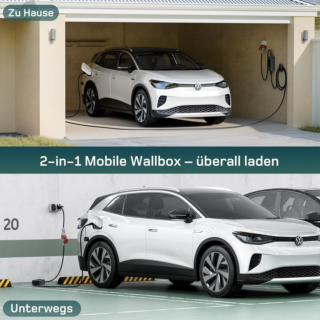 Mobile Wallbox 11kW Typ 2 10m 3-phasig 6-16A CEE 400V EV Ladegerät Einstellbare Ladeleistung App Steuerung