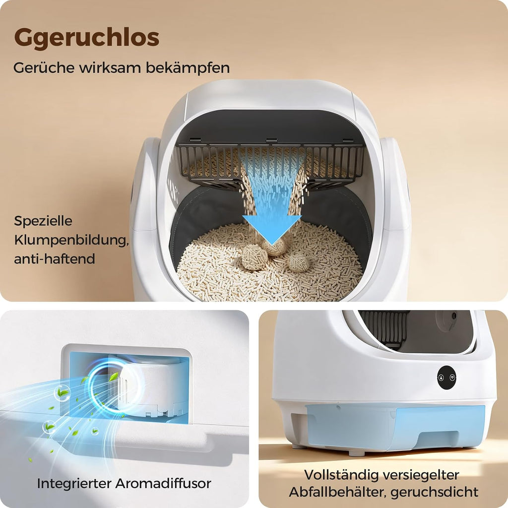 Automatische selbstreinigende Katzentoilette L mit App Steuerung Sensoren Geruchskontrolle 9 l Abfallbehälter für große Katzen