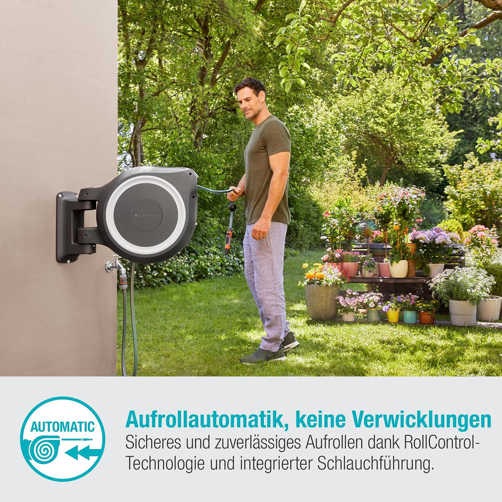 Wand-Schlauchbox RollUp XL 35 m automatische Schlauchaufbewahrung mit schwenkbarer Wandhalterung inkl. Spritze und Montagezubehör