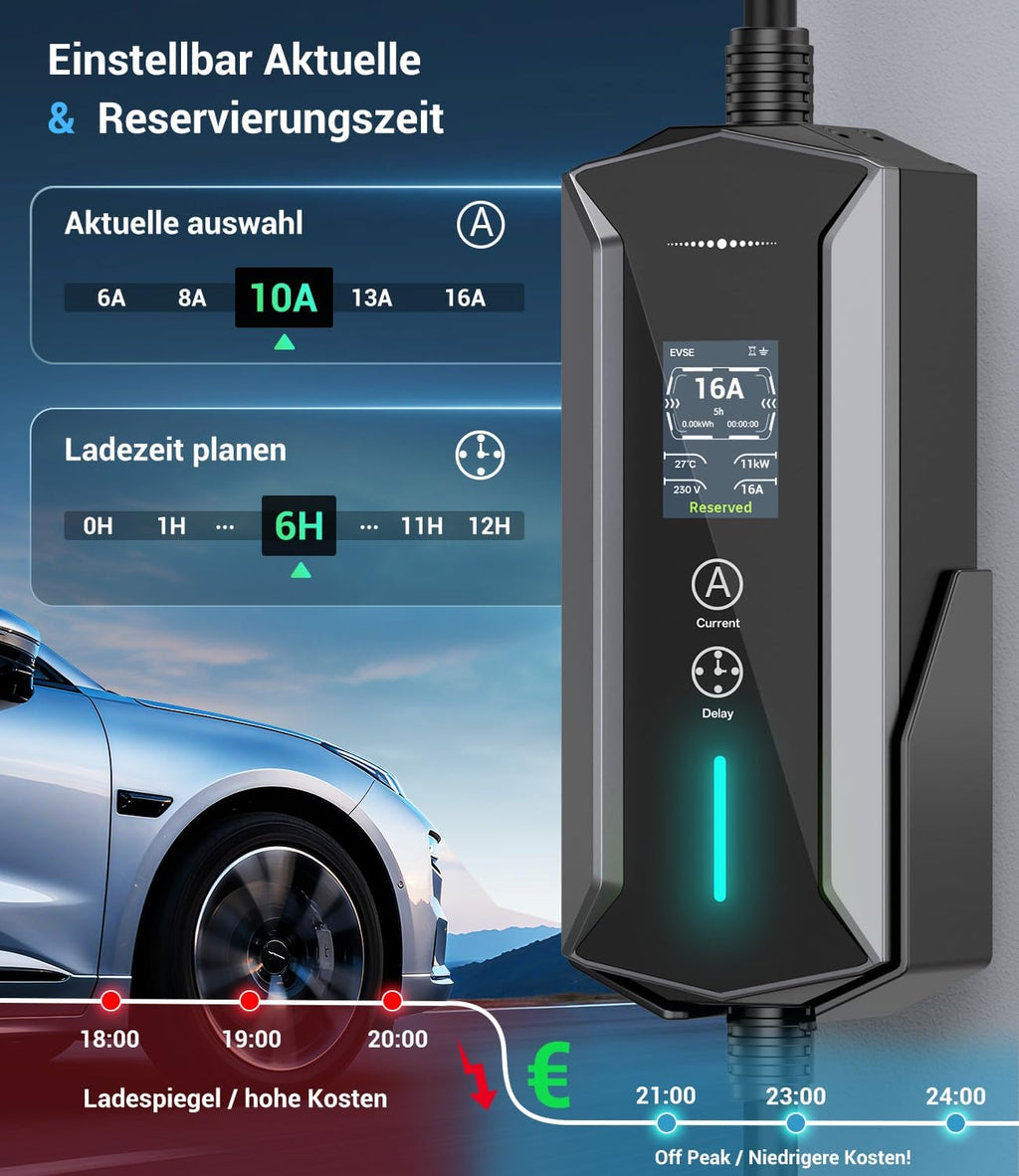 Mobile Wallbox Ladegerät 11kW Typ 2 400V 6-16A 7m Kabel CEE 16A EV Ladestation IP65 mit Ladezeit Einstellung