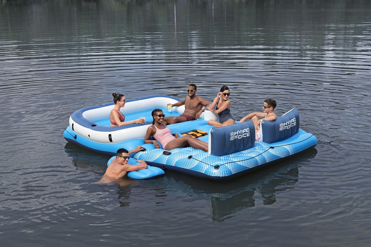 Badeinsel Tropical Breeze 43105 für 6 Personen 389 x 274 cm mit Sonnendach Kühltasche 6 Getränkehaltern und Reparaturflicken