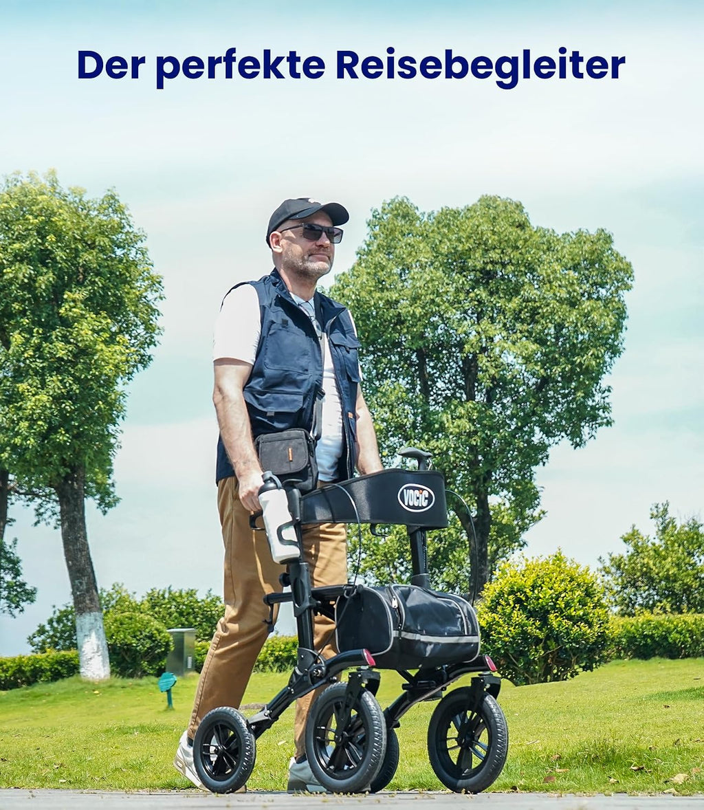Rollator 4-Rad Gehwagen mit Sitz Aluminium faltbar höhenverstellbar Outdoor pannensichere Gummireifen 136 kg Tragfähigkeit grau