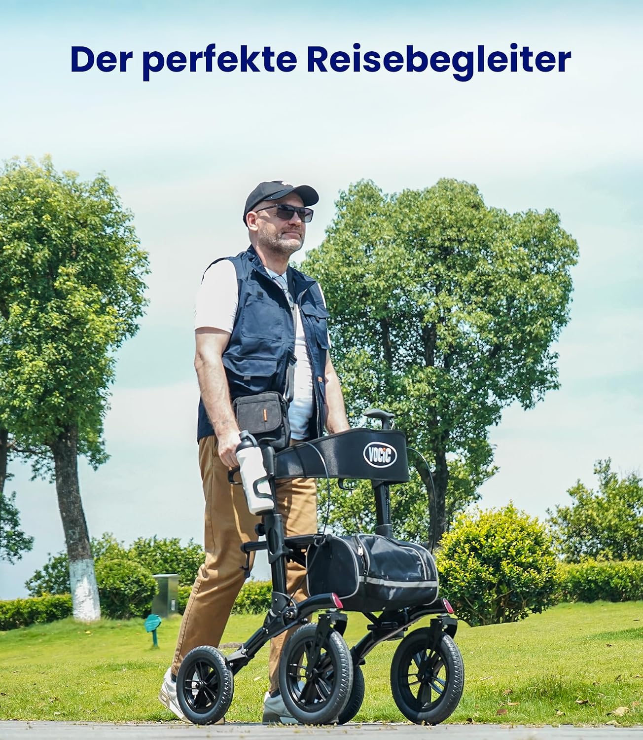 Rollator 4-Rad Gehwagen mit Sitz Aluminium faltbar höhenverstellbar Outdoor pannensichere Gummireifen 136 kg Tragfähigkeit grau