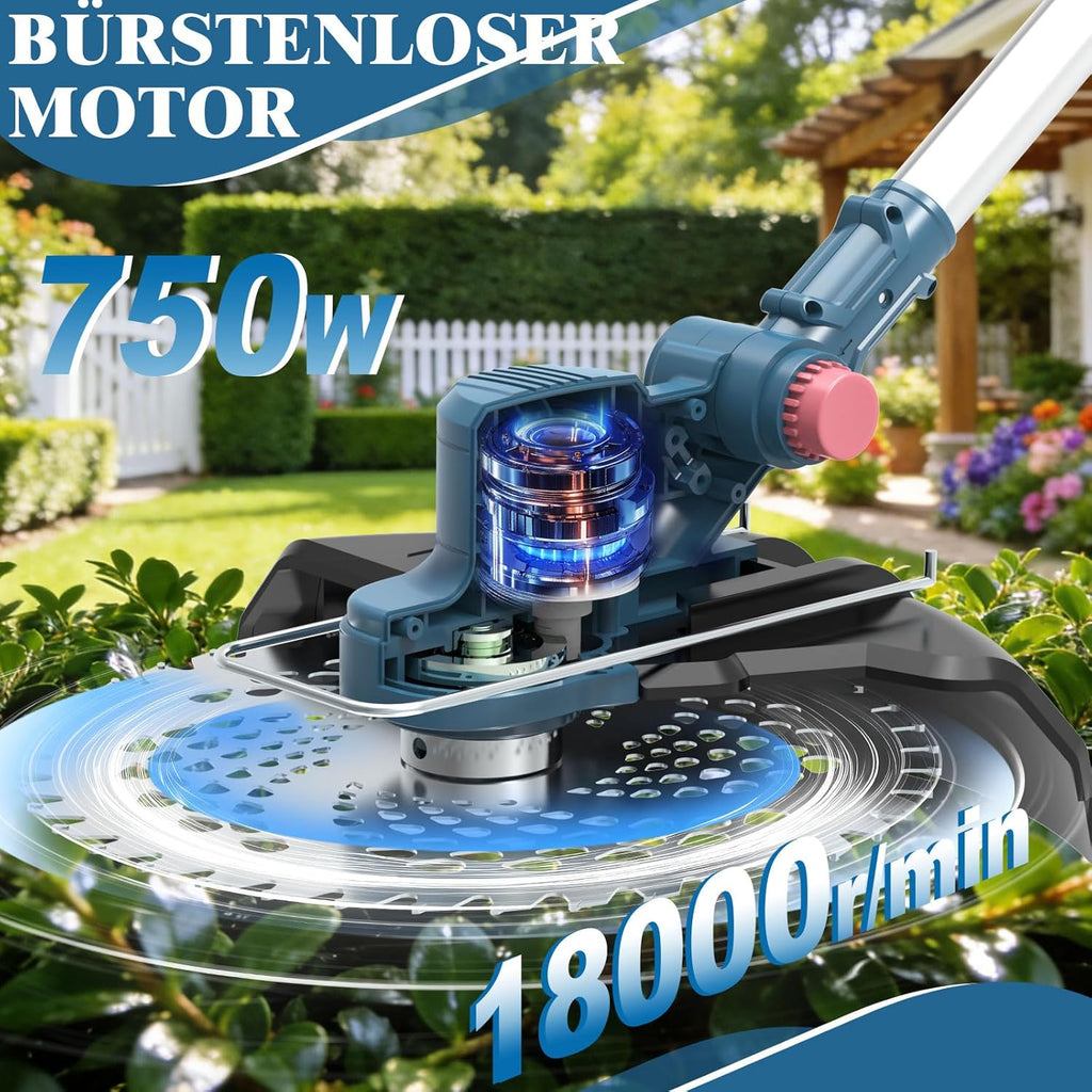 Akku Rasentrimmer HY-13 21V mit bürstenlosem Motor 23 cm Schnittbreite 5 Schneidaufsätze 2 x 4,0Ah Akku Unkrautbürste