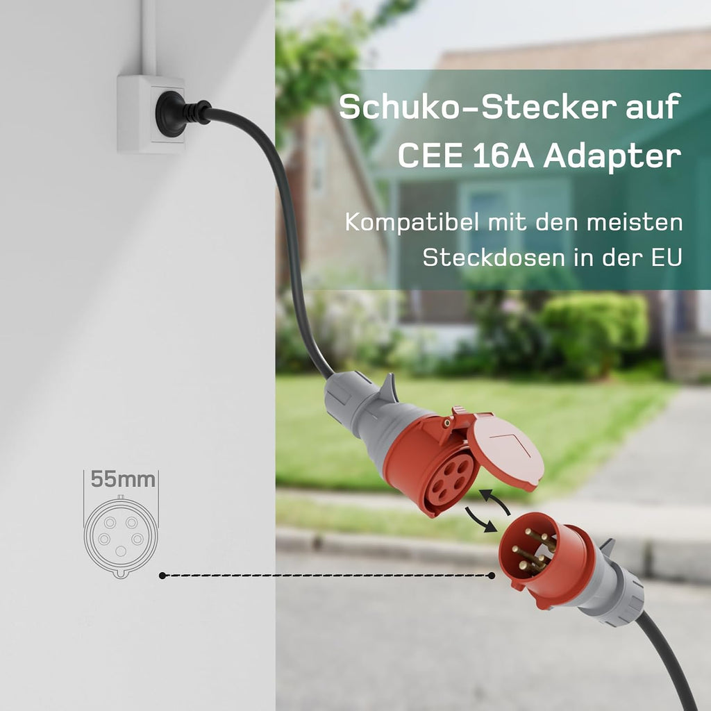 Mobile Wallbox 11kW Typ 2 10m 3-phasig 6-16A CEE 400V EV Ladegerät Einstellbare Ladeleistung App Steuerung