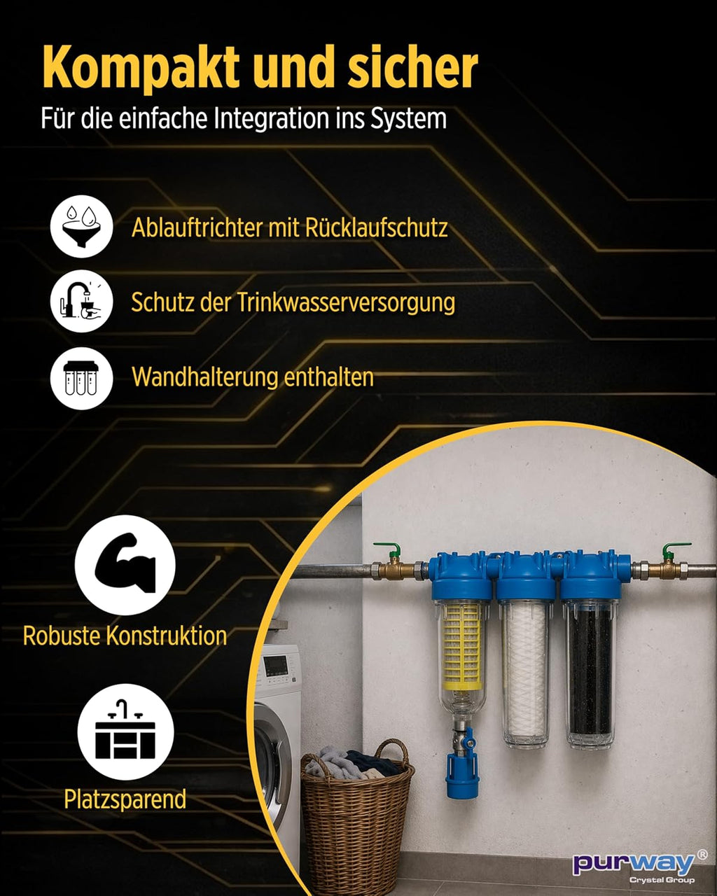 Wasserfiltergehäuse HYDRA Rainmaster TRIO RLH LA 1 Zoll mit Vorfilter Aktivkohlefilter und Wickelfilter für Regenwasser