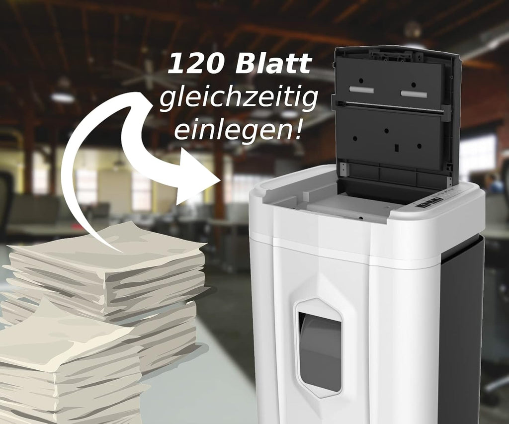 Aktenvernichter Auto-Feed 120 Blatt P4 Partikelschnitt 60 Minuten Dauerbetrieb 25L Behälter Anti-Papierstau