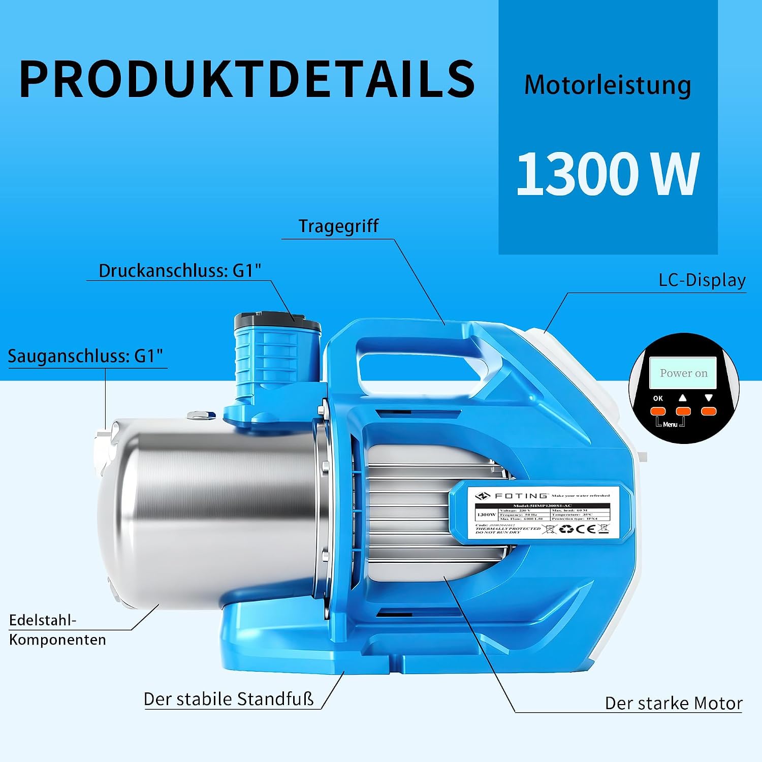 Gartenpumpe mit LCD Display 5HMP1300S1-AC 1300W 6000 l/h Förderleistung 60 m Förderhöhe Edelstahl Gehäuse