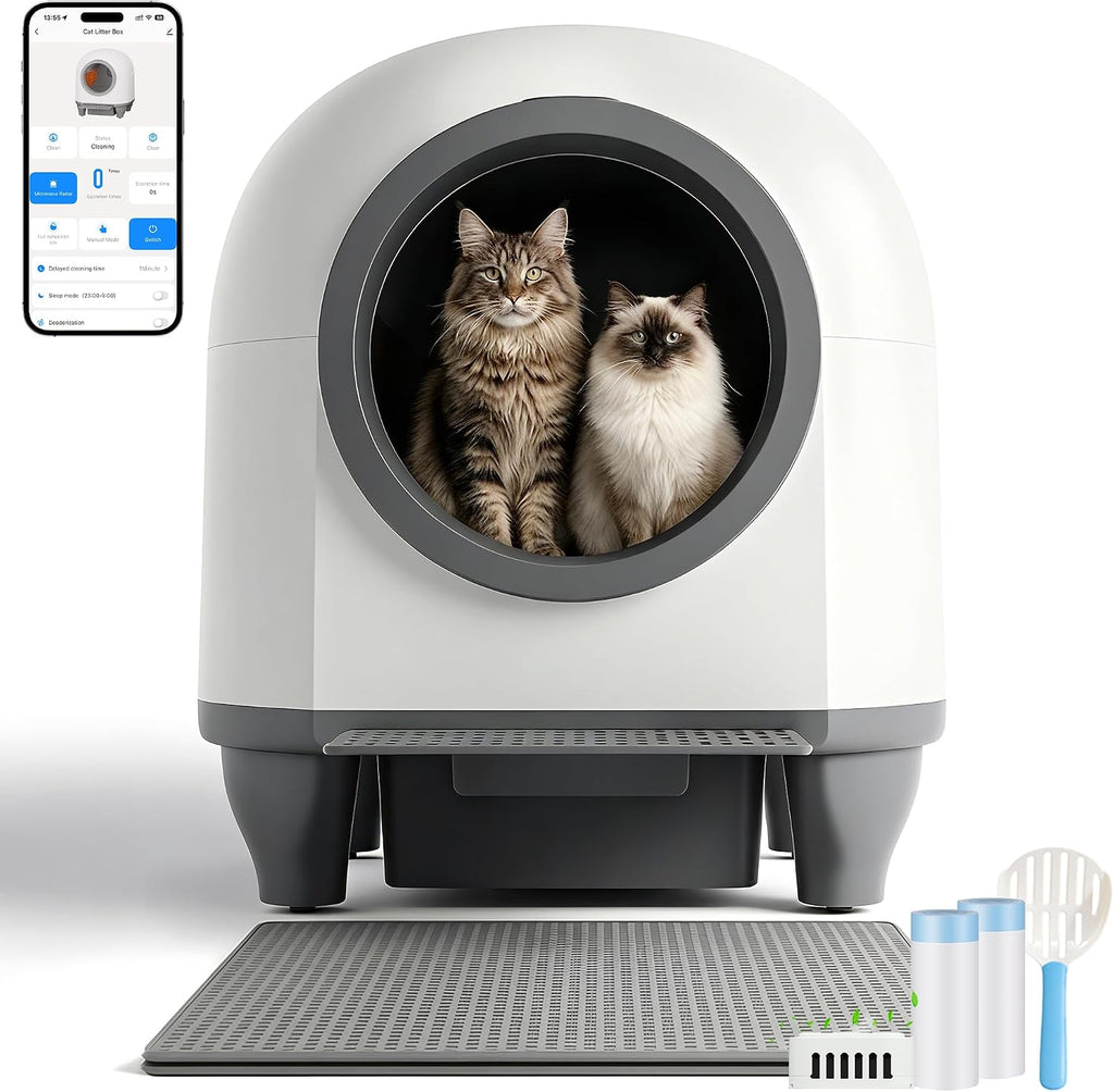 Selbstreinigende Katzentoilette 90L mit App Steuerung Sicherheitssensor Geruchsentfernung automatisches Katzenklo mit Matte