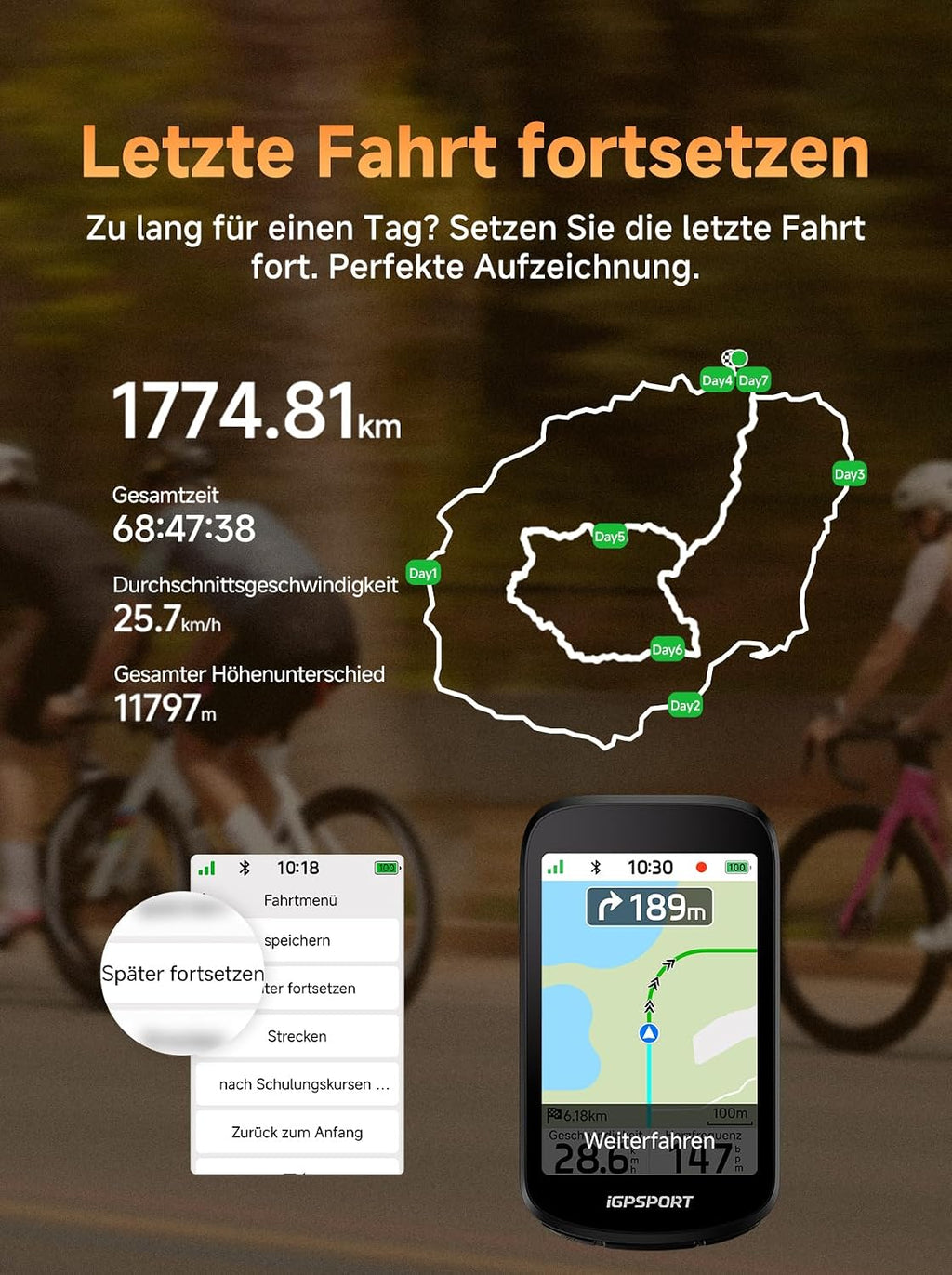 Fahrradcomputer BSC500 mit GPS Navigation 3,3 Zoll Farbdisplay Touchscreen IPX7 ANT+ Bluetooth E-Bike Modus und Kartenfunktion