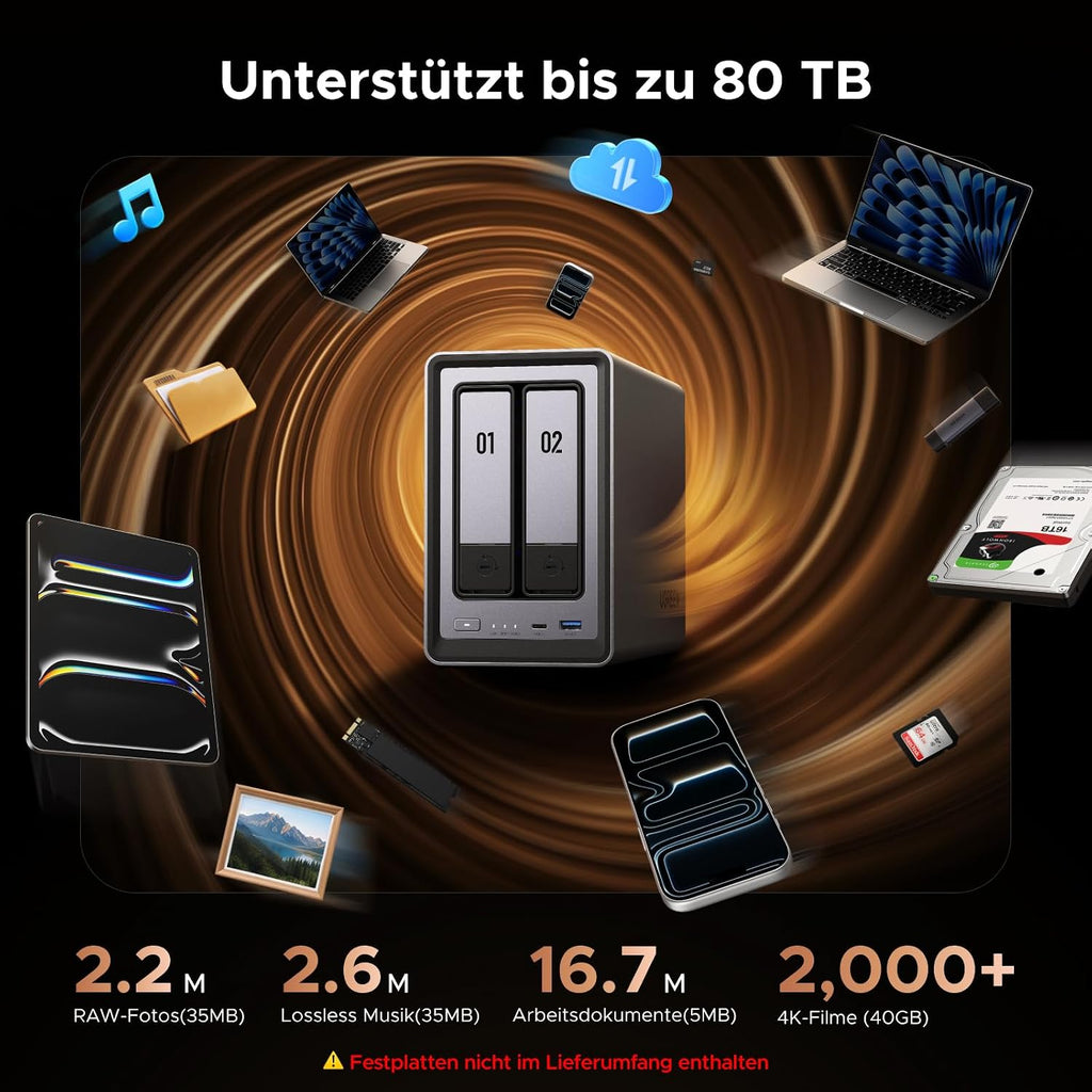 NAS Netzwerkspeicher 2-Bay Intel N100 8GB DDR5 RAM 2.5GbE Ethernet 2x M.2 NVMe Steckplätze 4K HDMI DXP2800 ohne Festplatten
