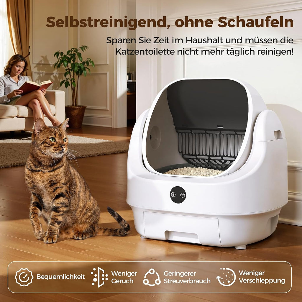 Automatische selbstreinigende Katzentoilette L mit App Steuerung Sensoren Geruchskontrolle 9 l Abfallbehälter für große Katzen
