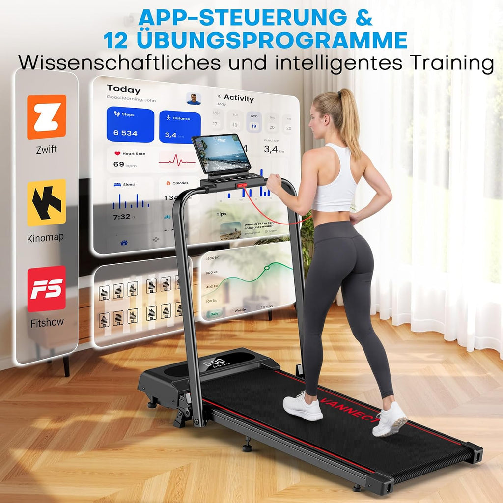 Walking Pad Laufband X390 klappbar mit 9% Steigung 1-12 km/h LCD Display App Steuerung Handlauf und Fernbedienung