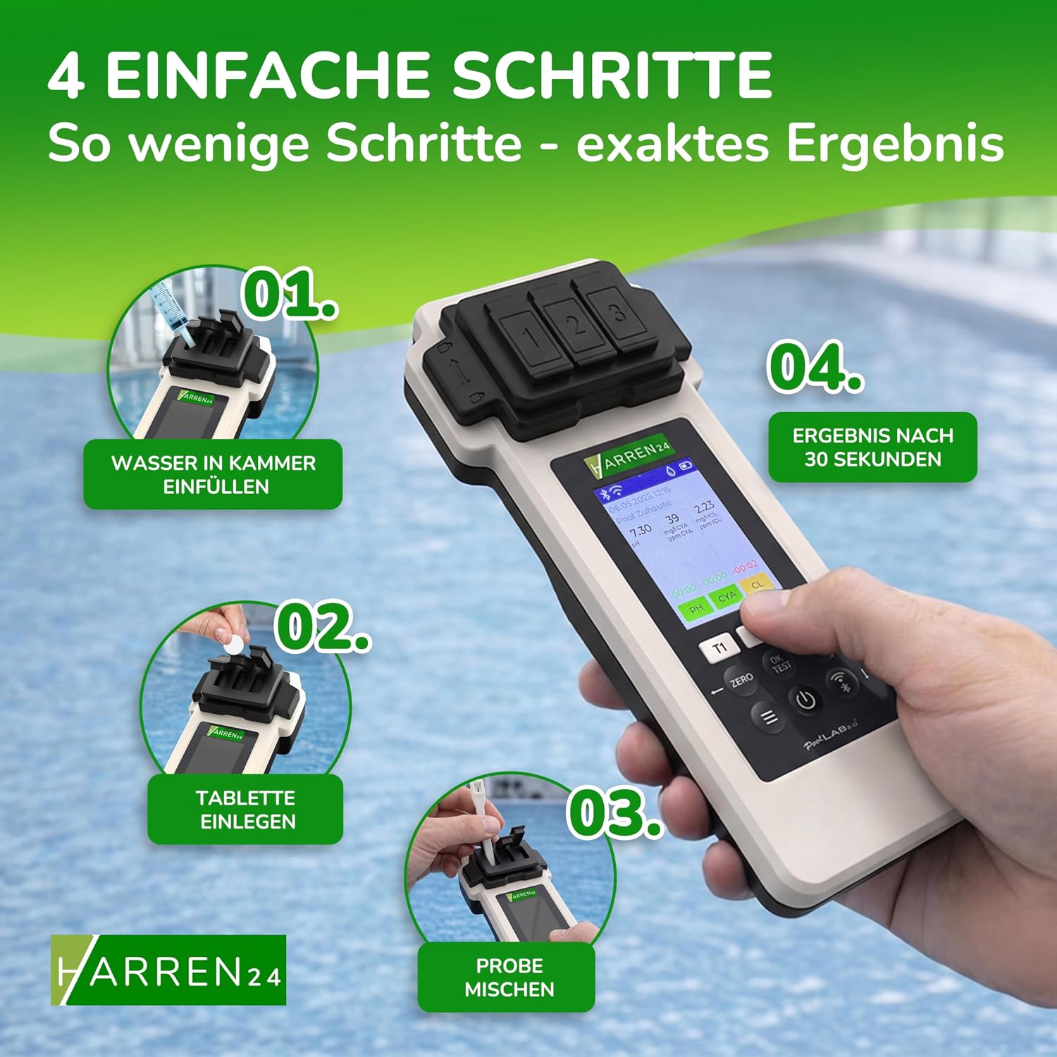 Elektronischer Pooltester PoolLab 2.0 Photometer Wasseranalysegerät mit Bluetooth DPD1 DPD3 pH CYA Alkalinität 170 Testtabletten