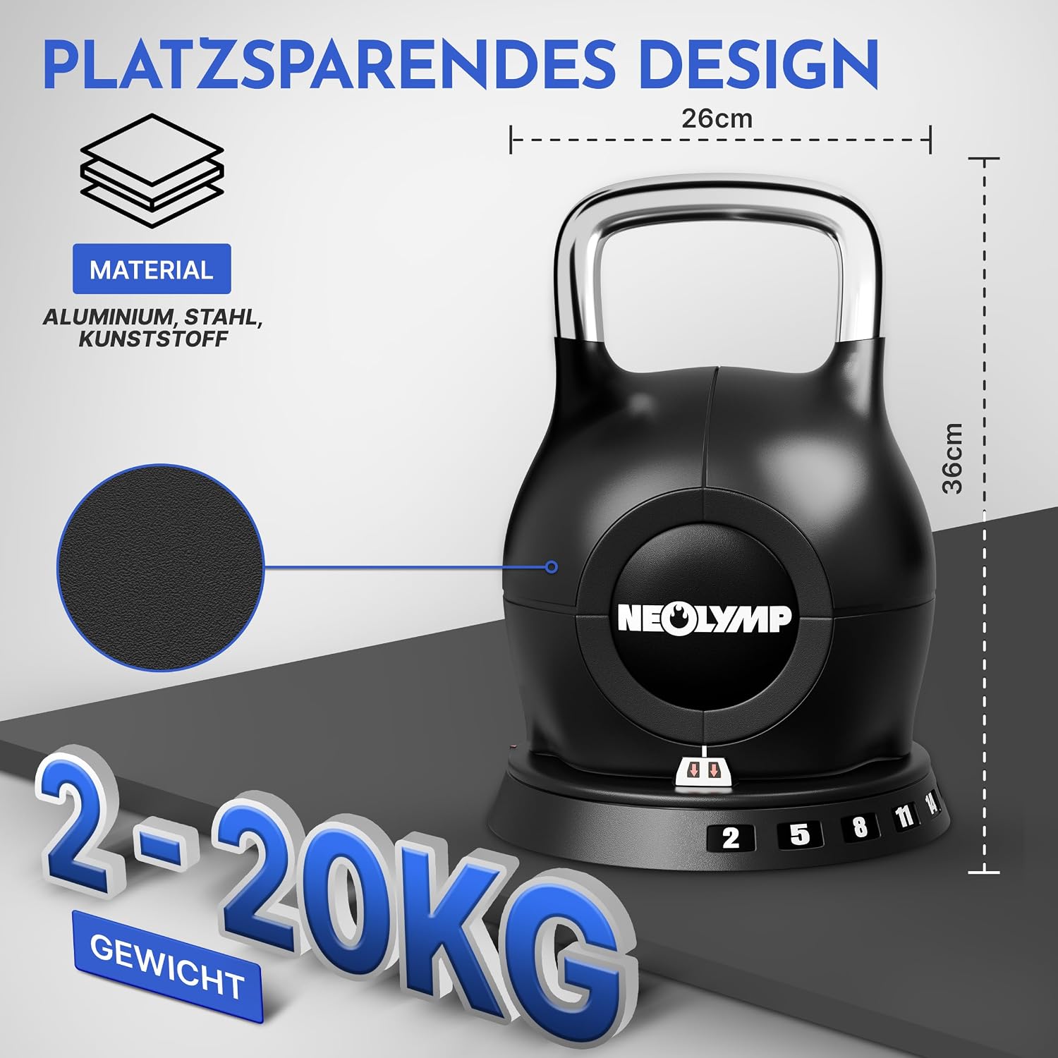 Verstellbare Kettlebell 7-in-1 2-20 kg Kugelhantel für Ganzkörpertraining mit robustem Edelstahlgriff und Gewichtssystem
