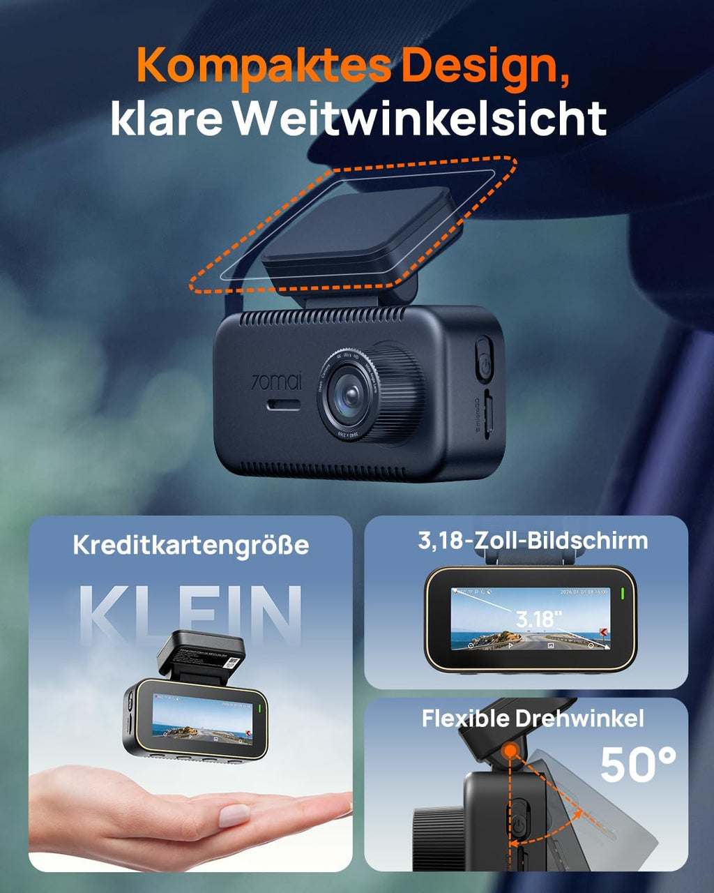 Dashcam A810 Lite Front und Rückkamera 4K 2160P mit 1080P Heckkamera 64GB Karte WLAN HDR Nachtsicht G-Sensor