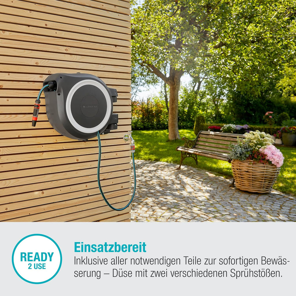 Wand-Schlauchbox RollUp XL 35 m automatische Schlauchaufbewahrung mit schwenkbarer Wandhalterung inkl. Spritze und Montagezubehör