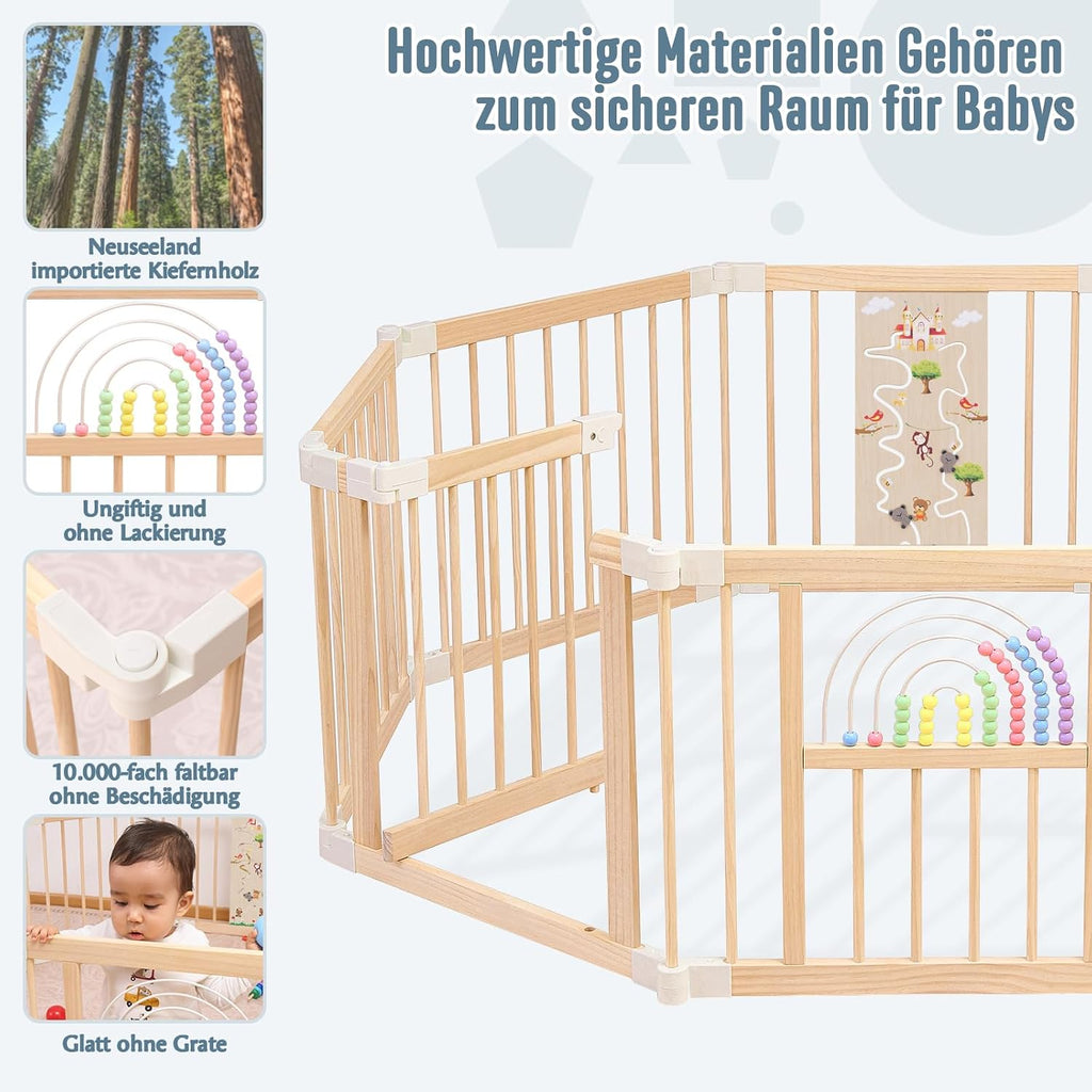 Baby Laufstall faltbares Holz Laufgitter 214 x 141 x 61 cm Spiel- und Sicherheitsbereich für Kleinkinder