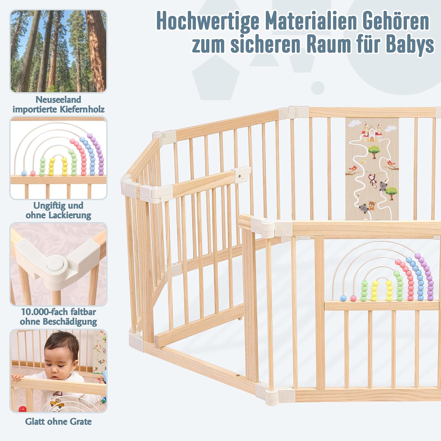 Baby Laufstall faltbares Holz Laufgitter 214 x 141 x 61 cm Spiel- und Sicherheitsbereich für Kleinkinder