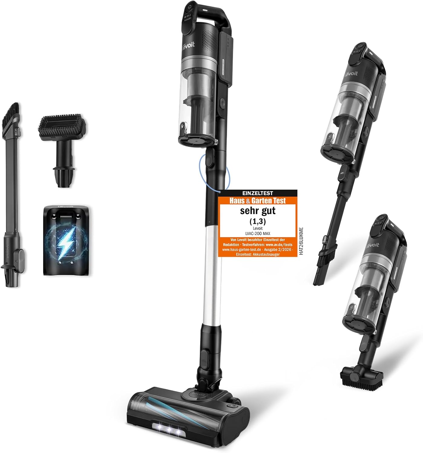 Akku Staubsauger LVAC-200 MAX kabellos mit HEPA Filter 70 Min Laufzeit Anti Haar Bürste für Teppich Hartböden und Auto
