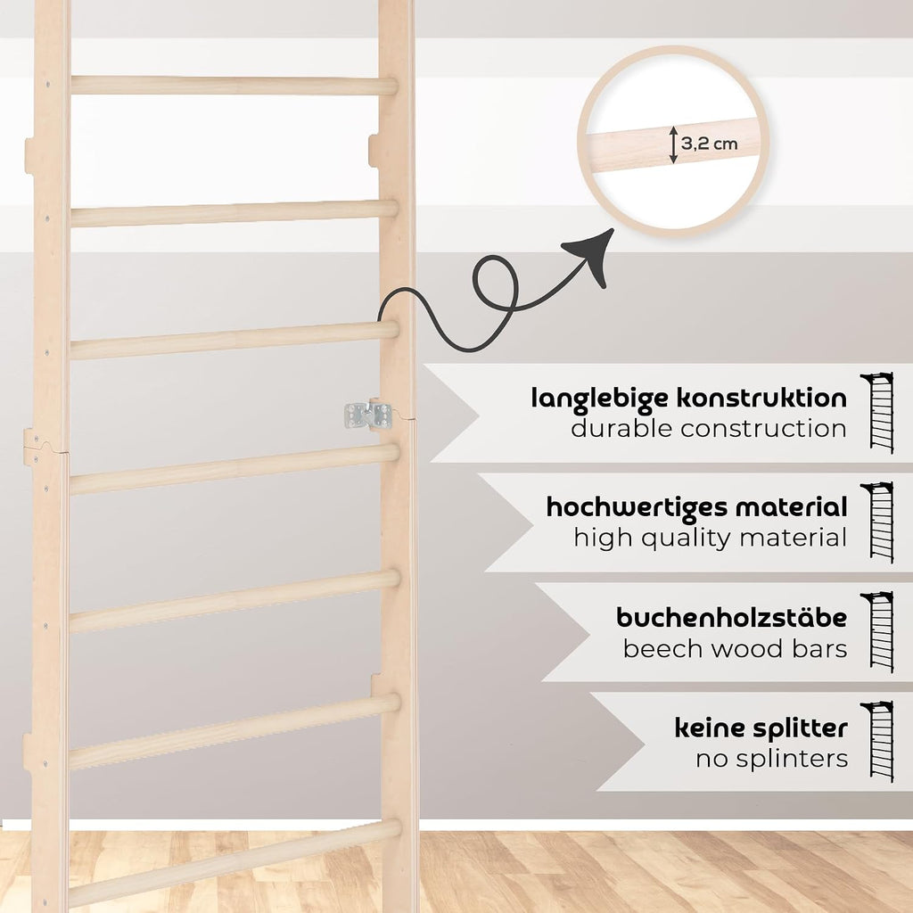 Sprossenwand mit Klimmzugstange 230 cm Holz Kletterleiter Wandmontage mit Gym Ringen und Dip Barren Multifunktionales Fitnessgerät