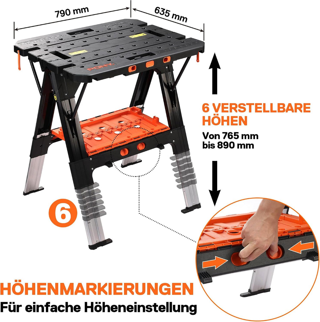 Klappbare Werkbank 2in1 Sägebock 454kg Tragfähigkeit Aluminiumbeine verstellbar 79x63,5x89cm inkl Schraubzwingen