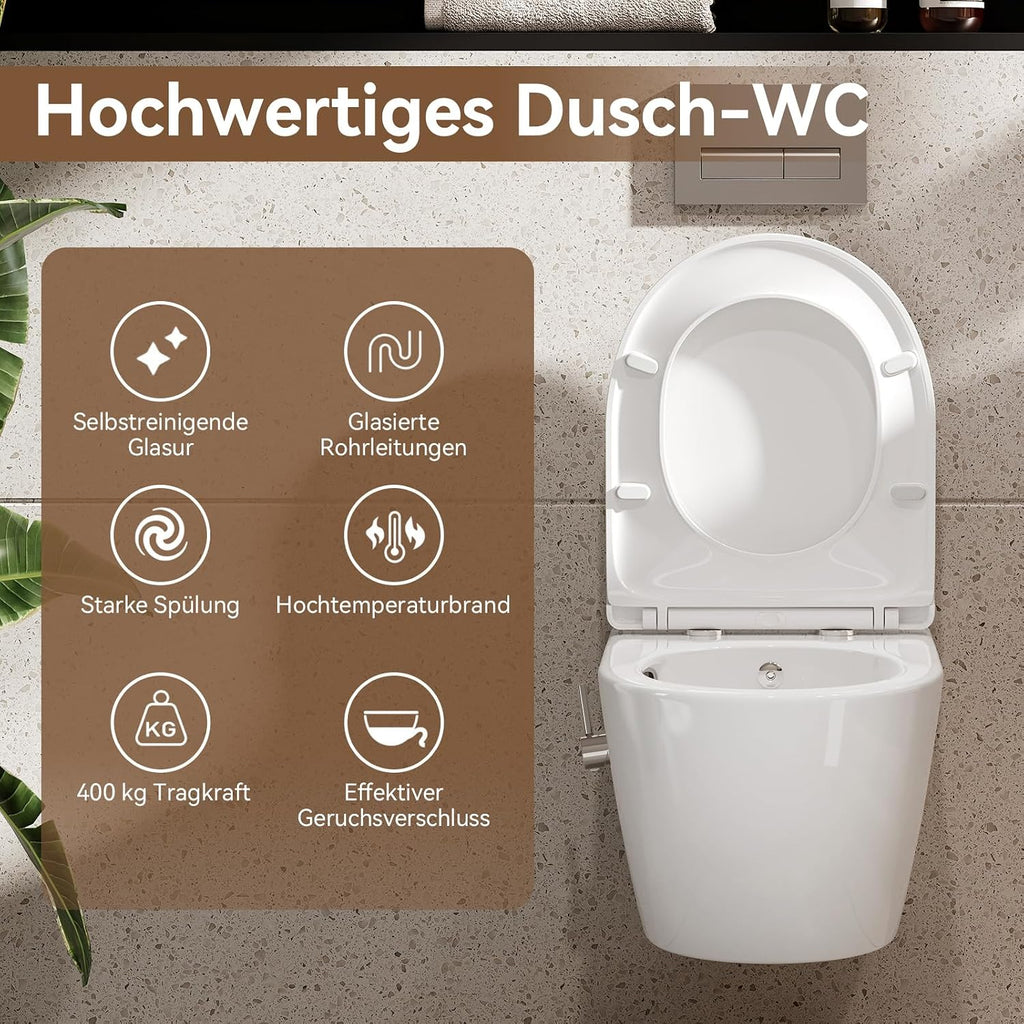 Dusch WC Hänge WC spülrandlos Bidet Funktion HB-L01U-GE integrierte Düse Kalt Warm Wasser Wandmontage 49x36x36 cm