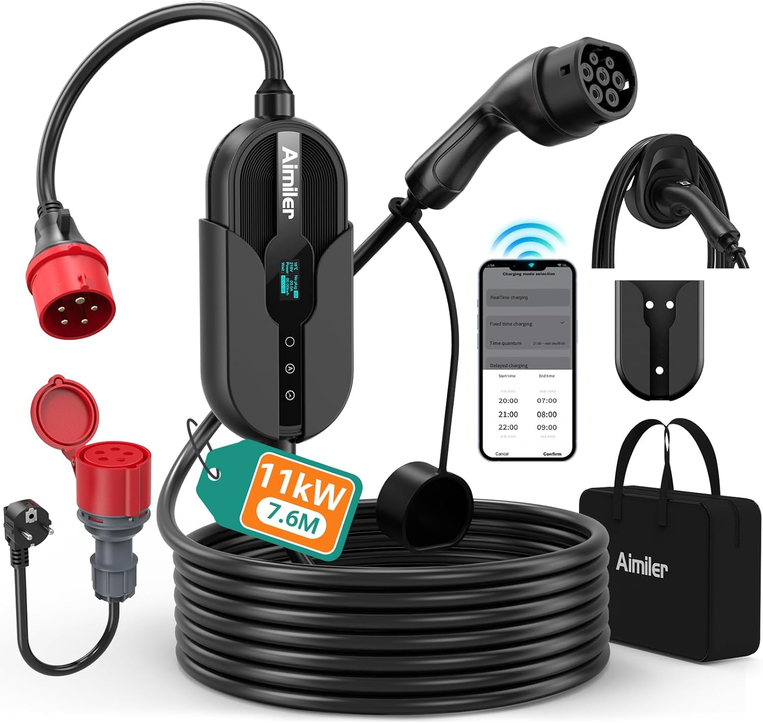 Ladestation Ladegerät 11kW 400V 3-phasig 8-16A Typ 2 7,6m Kabel CEE IP66 App Steuerung mit Wandhalterung