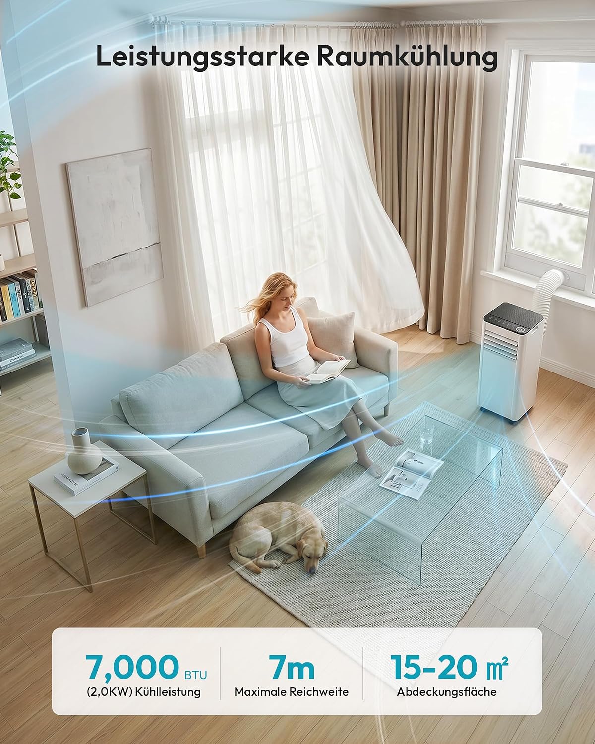 Mobile Klimaanlage 7000 BTU OL-A016FF20N2 Klimagerät mit Abluftschlauch Fenster-Set 4-in-1 24h Timer