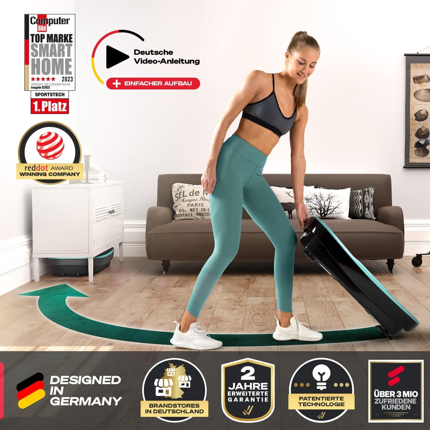 Vibrationsplatte VP250 Ganzkörpertraining mit 200 W 180 Stufen Bluetooth Lautsprecher Fernbedienung und Trainingsbändern