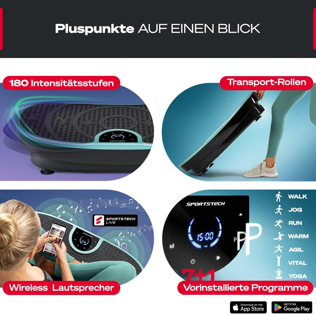 Vibrationsplatte VP250 Ganzkörpertraining mit 200 W 180 Stufen Bluetooth Lautsprecher Fernbedienung und Trainingsbändern
