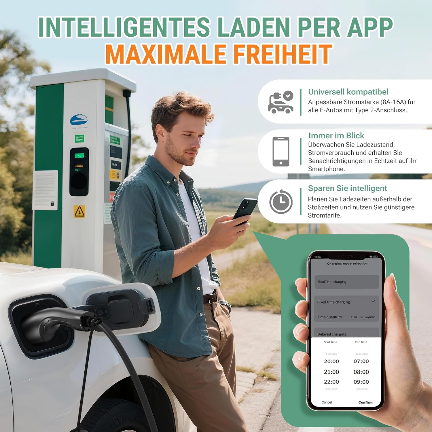 Ladestation Ladegerät 11kW 400V 3-phasig 8-16A Typ 2 7,6m Kabel CEE IP66 App Steuerung mit Wandhalterung