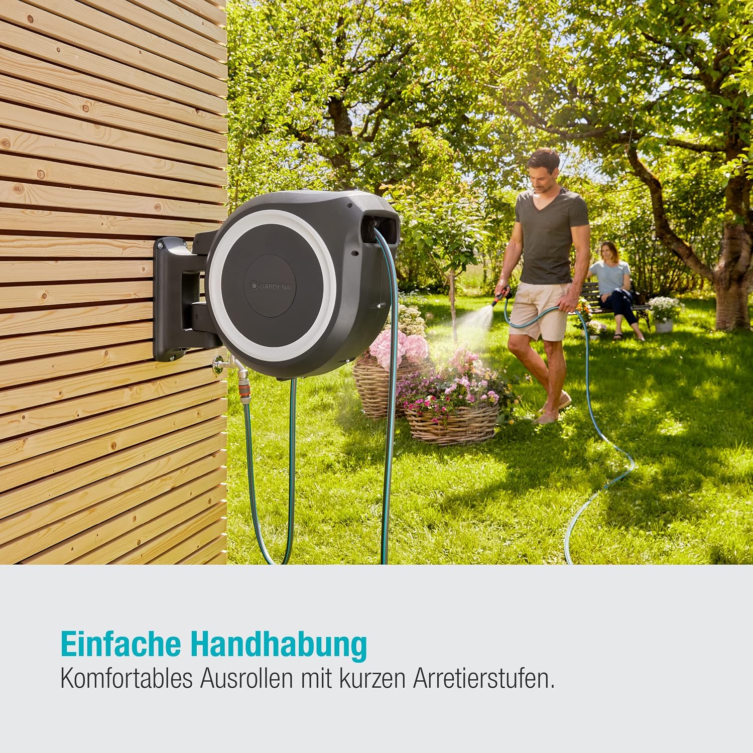 Wand-Schlauchbox RollUp XL 35 m automatische Schlauchaufbewahrung mit schwenkbarer Wandhalterung inkl. Spritze und Montagezubehör