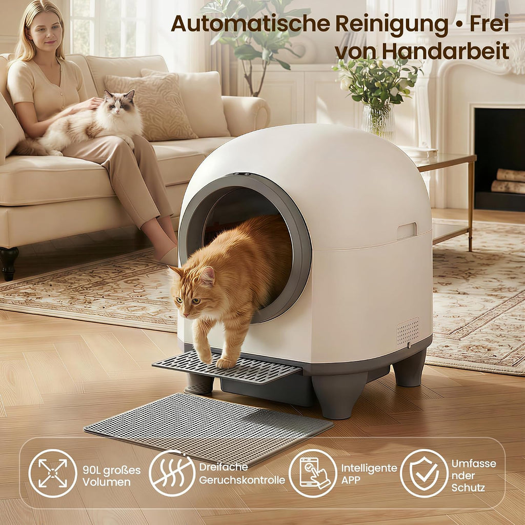 Selbstreinigende Katzentoilette 90L mit App Steuerung Sicherheitssensor Geruchsentfernung automatisches Katzenklo mit Matte