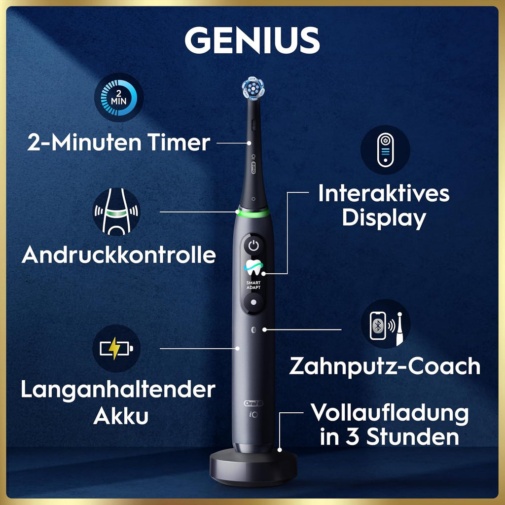 Elektrische Zahnbürste mit Aufsteckbürsten iO Series 9 wiederaufladbar 7 Reinigungsmodi Smart Druckkontrolle Rundbürstenkopf Schwarz