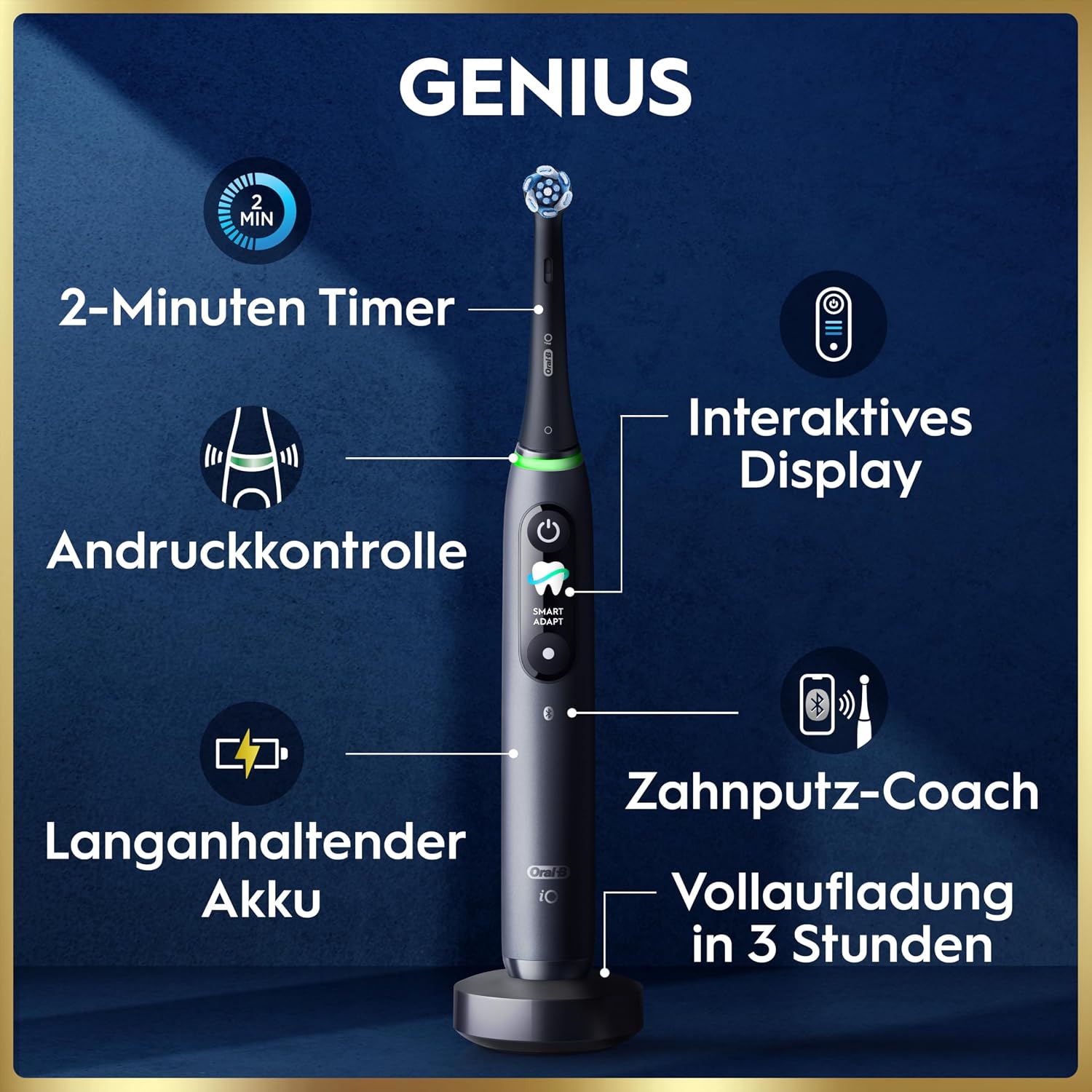 Elektrische Zahnbürste mit Aufsteckbürsten iO Series 9 wiederaufladbar 7 Reinigungsmodi Smart Druckkontrolle Rundbürstenkopf Schwarz