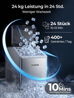 Eiswürfelmaschine Edelstahl 24 kg 24h 3,2 L Wassertank 24 Eiswürfel in 10 Minuten 40 dB Selbstreinigung Timer Abtaufunktion