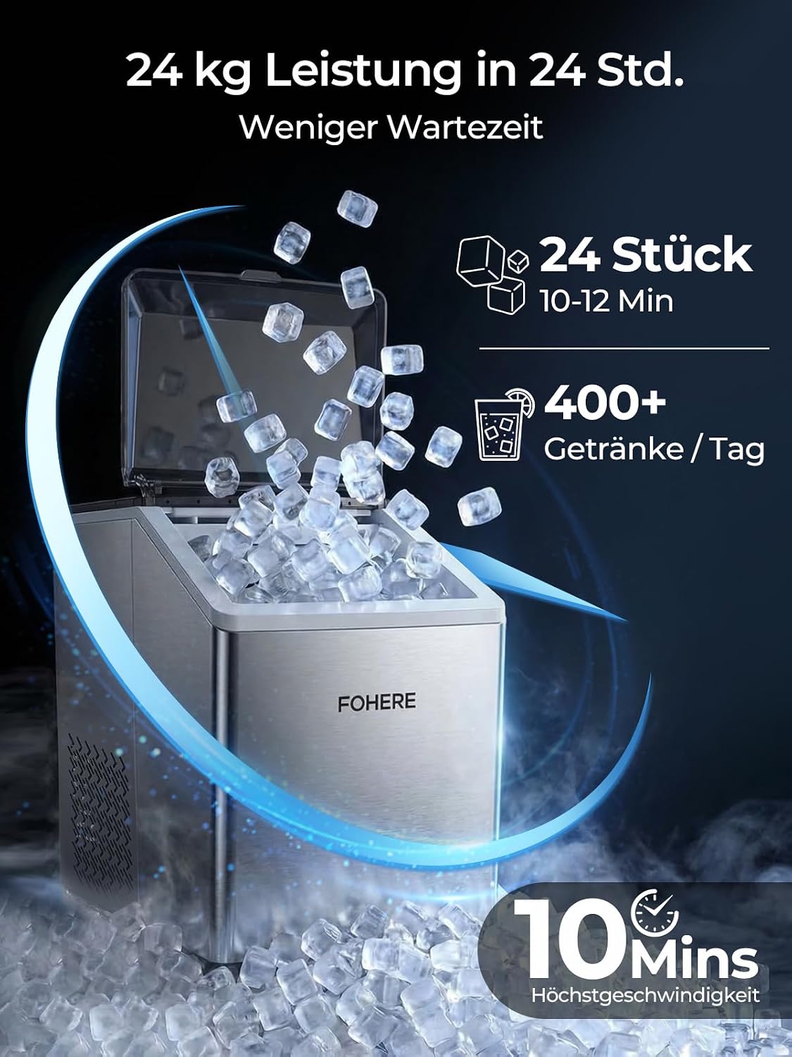 Eiswürfelmaschine Edelstahl 24 kg 24h 3,2 L Wassertank 24 Eiswürfel in 10 Minuten 40 dB Selbstreinigung Timer Abtaufunktion