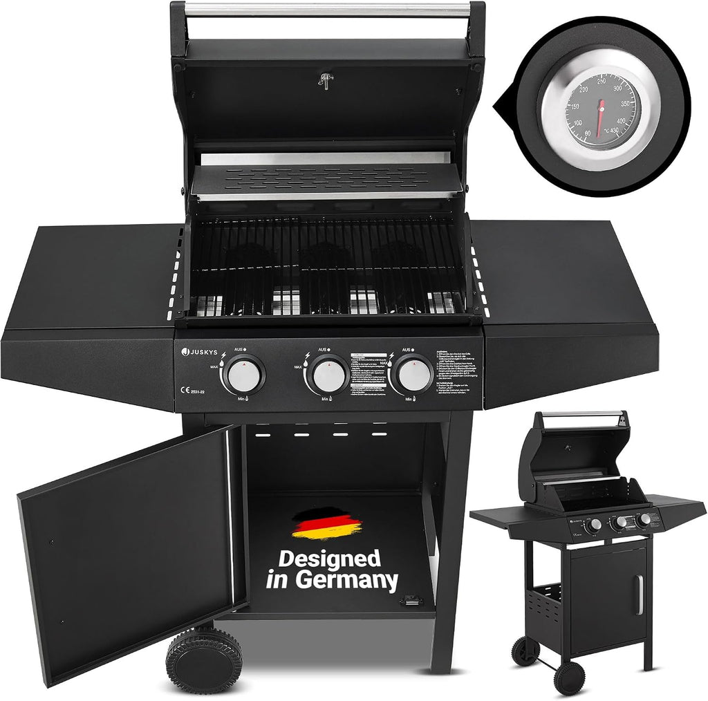 Gasgrill Grillwagen Louisiana 3 Brenner 8,1 kW mit Deckel Thermometer Warmhalterost Grillrost und Abdeckplane