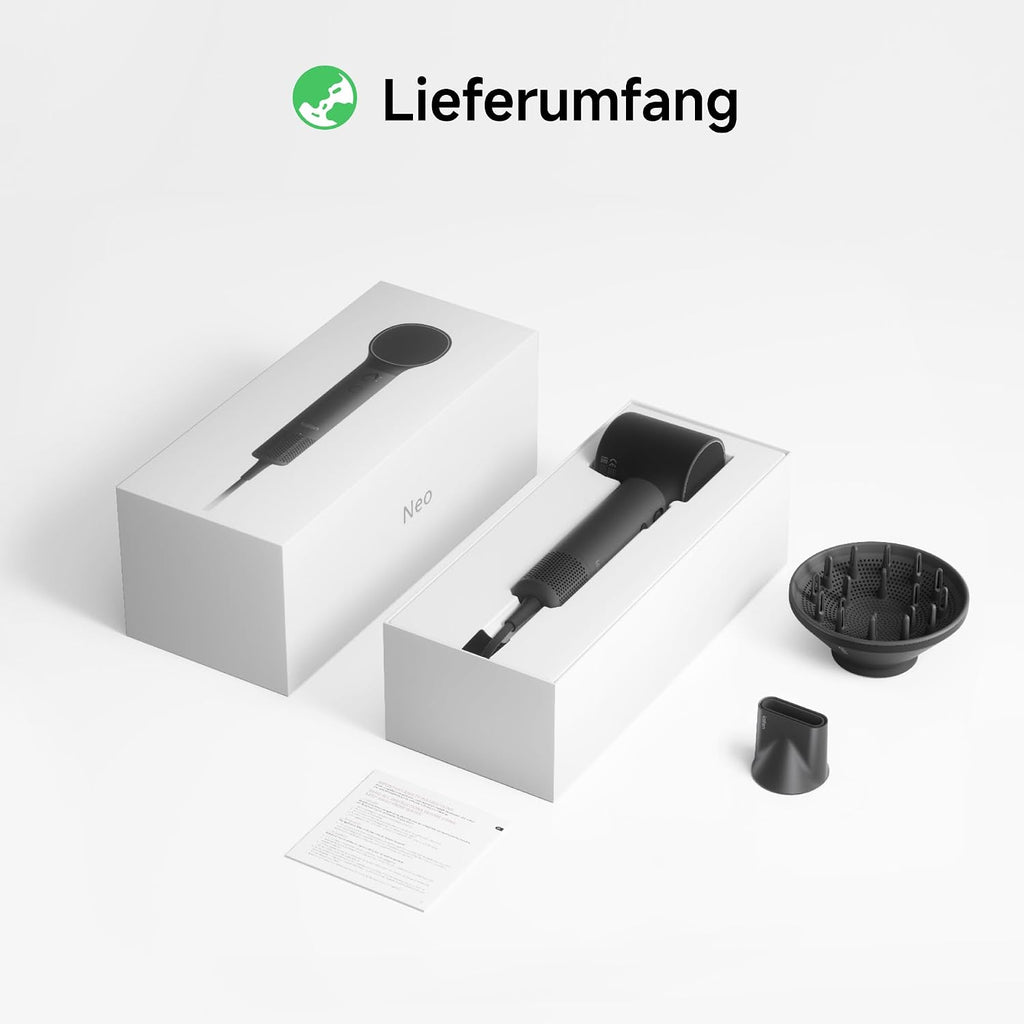Haartrockner Neo 22 m/s Luftstrom 110000 U/min Motor 1500W Ionenfunktion 2 Aufsätze Diffusor Glättungsdüse