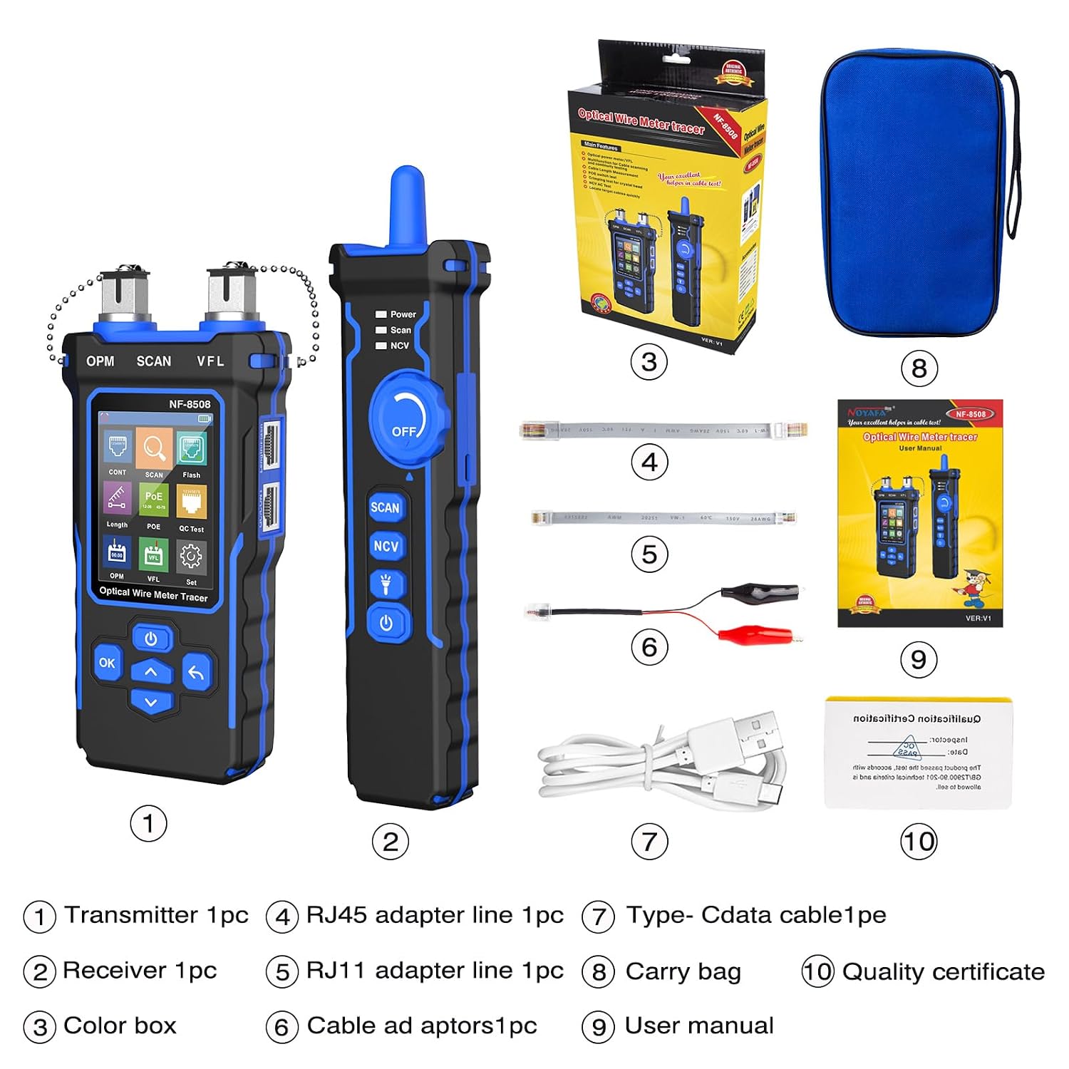 Netzwerkkabeltester NF-8508 mit RJ45 RJ11 PoE Test Optischem Leistungsmesser VFL Funktion CAT5 CAT6 Kabelprüfung