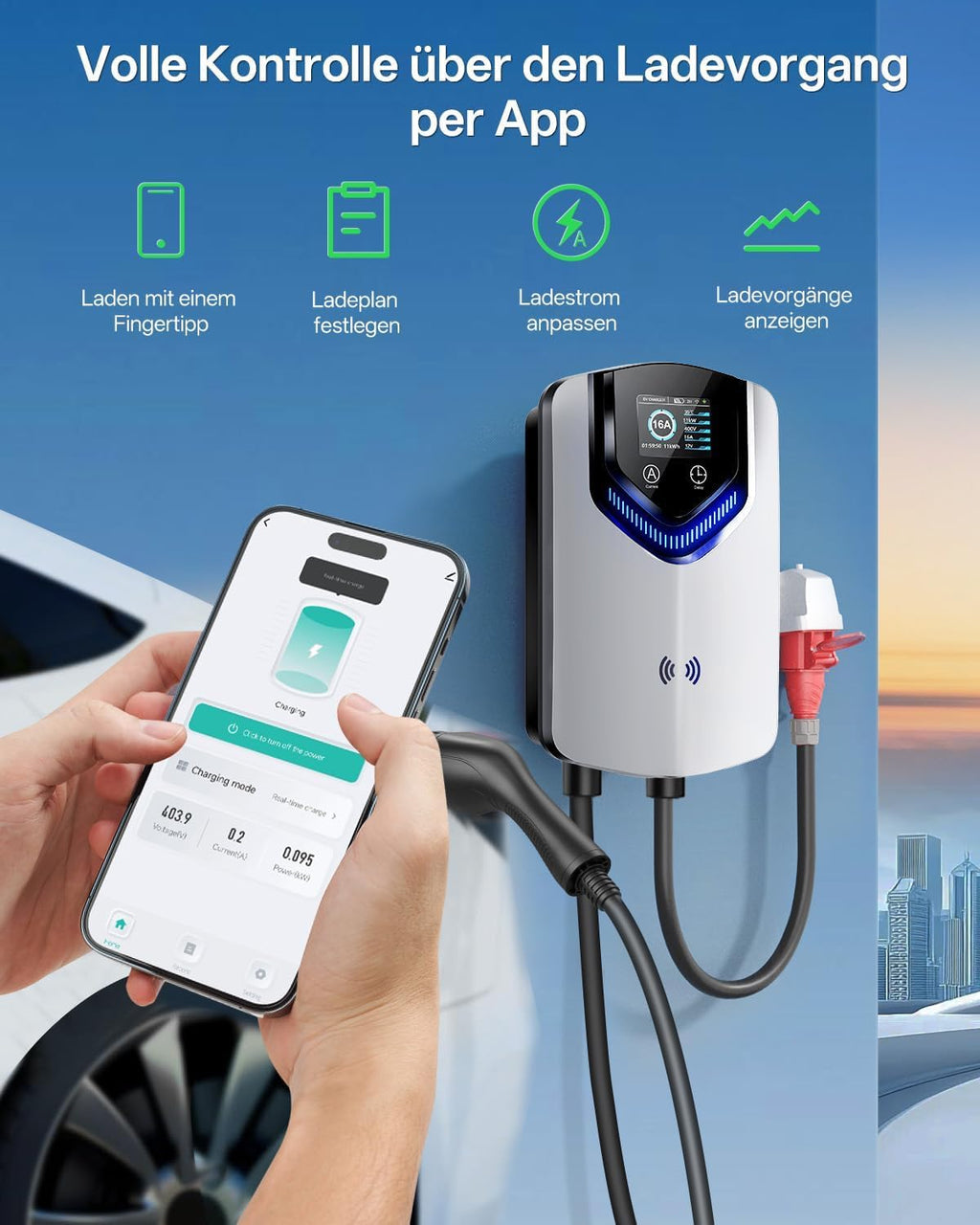 Wallbox Ladegerät Laden APP RFID 11kW 400V 6-16A Typ 2 EV Ladestation 8m Kabel mit Kabelhalter