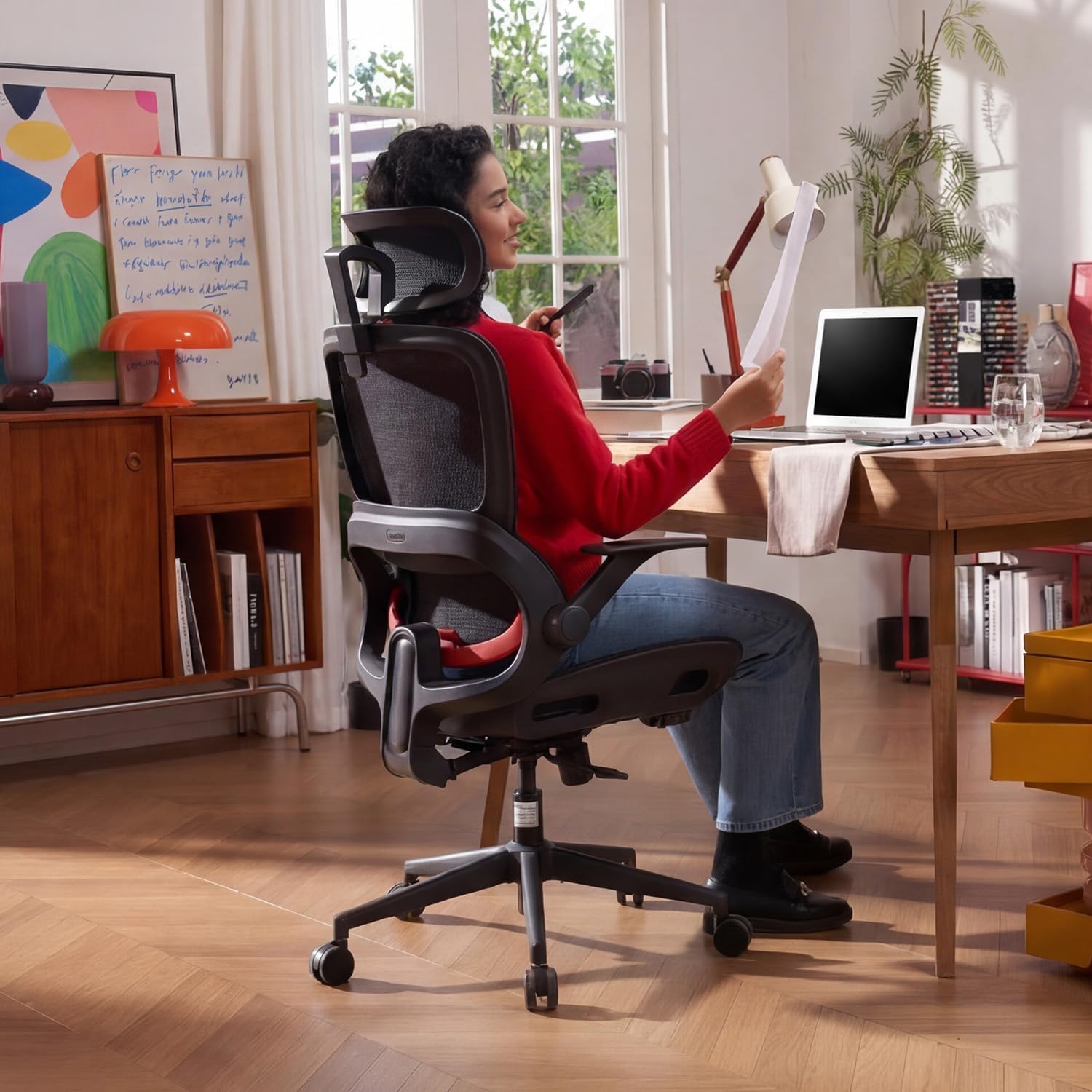 Ergonomischer Bürostuhl mit verstellbarer Lordosenstütze und Kopfstütze B100 Lite 90–135° Neigung Mesh Drehstuhl 72x70x112 cm