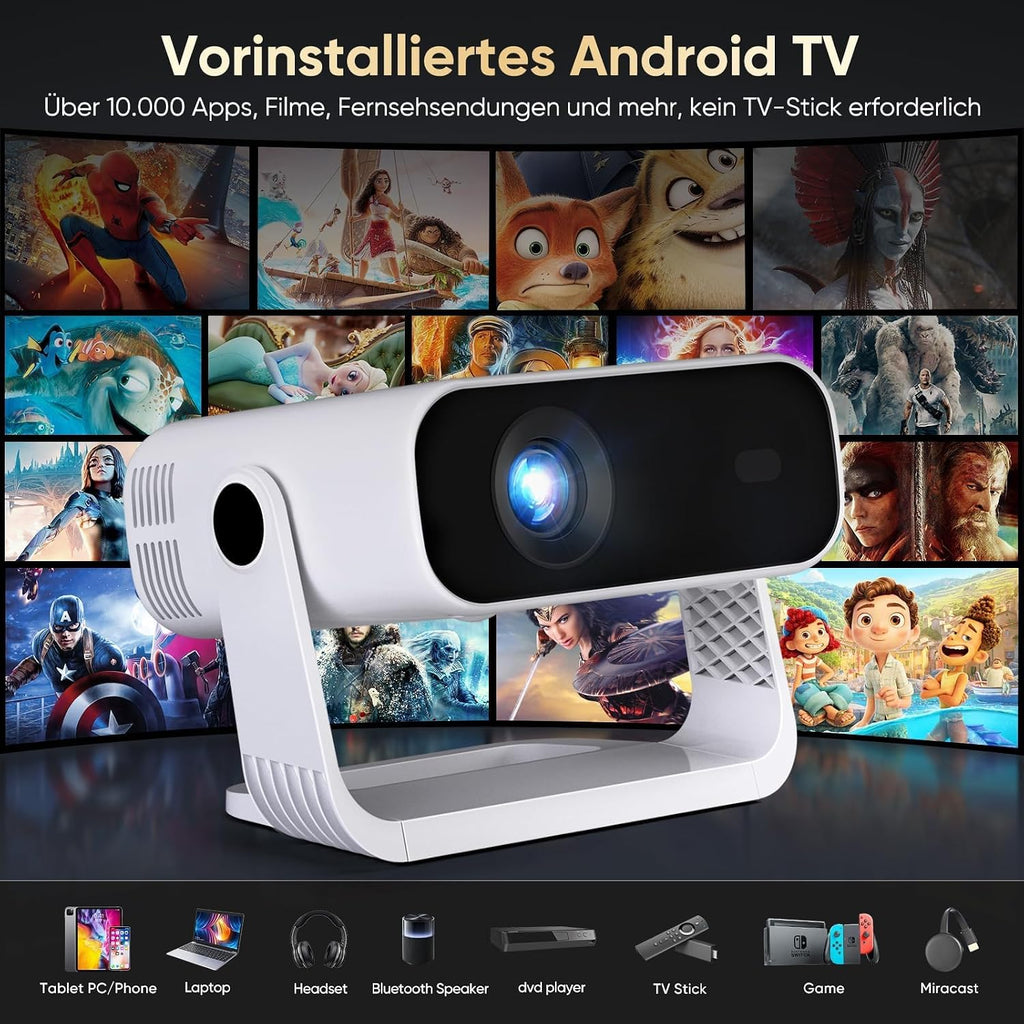 Mini Beamer Android 14 Heimkino Projektor 1080P 4K Dekodierung WiFi6 BT5.2 Automatische Trapezkorrektur für Smartphone HDMI PC