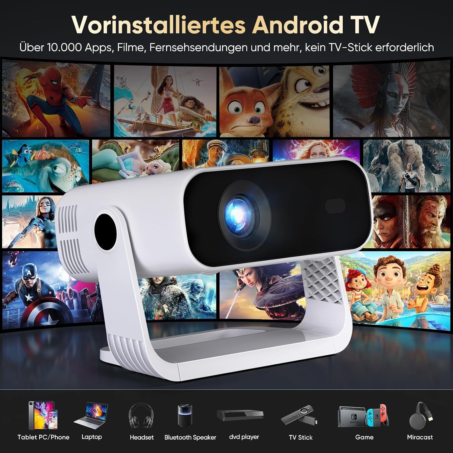 Mini Beamer Android 14 Heimkino Projektor 1080P 4K Dekodierung WiFi6 BT5.2 Automatische Trapezkorrektur für Smartphone HDMI PC