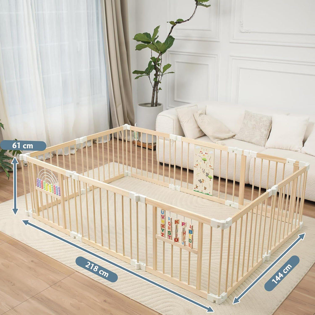 Baby Laufstall faltbares Holz Laufgitter 214 x 141 x 61 cm Spiel- und Sicherheitsbereich für Kleinkinder