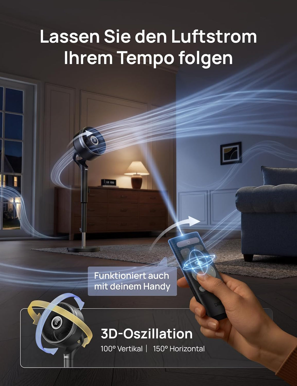 Standventilator 3D Oszillation 12 Stufen 6 Modi leiser DC Motor mit Fernbedienung Timer 20 dB Modell DR-HPF015S