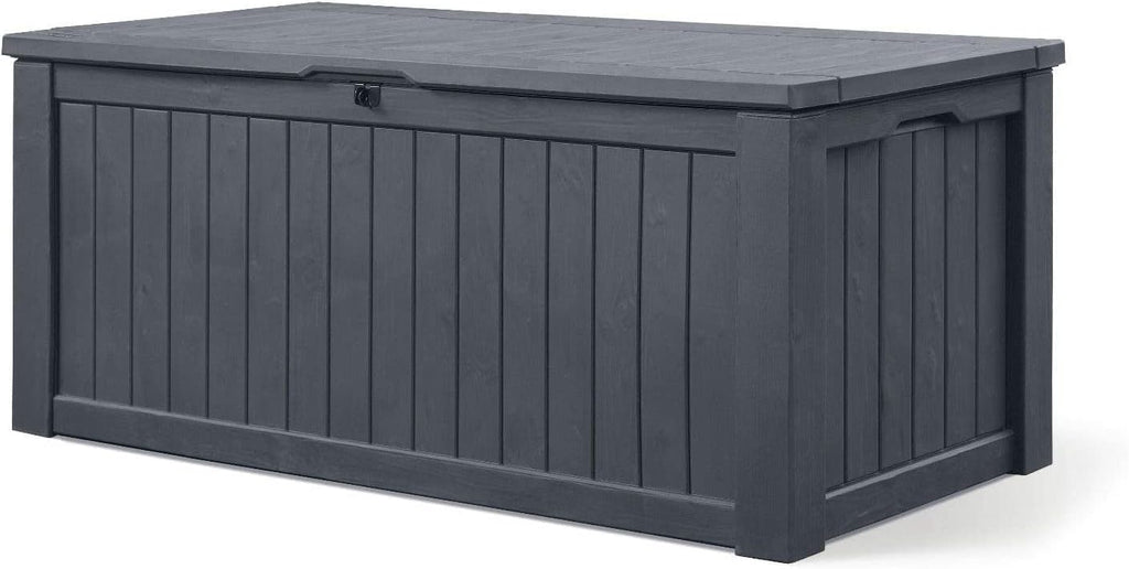 Garten Aufbewahrungsbox 570 Liter Kissenbox mit Belüftung Holzoptik wetterfest mit Gasdruckfeder